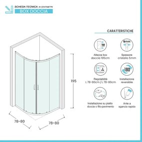 Box doccia semicircolare 80x80 cm cromo scorrevole in cristallo trasparente Tay