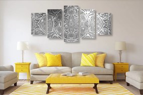 Quadri 5 pezzi – Mandala indiana con sfondo galattico in bianco e nero