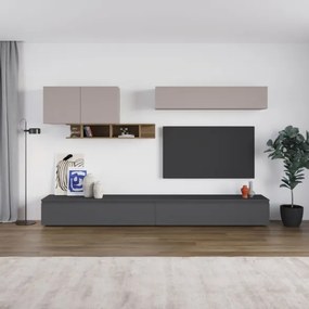 Parete Attrezzata Salotto 300 Cm Con Pensili E Vani Noce Moka E Antracite Monica