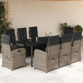 Set da Pranzo da Giardino 9 pz con Cuscini in Polyrattan Grigio