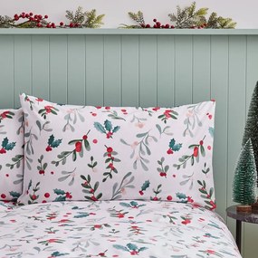 Biancheria da letto singola in flanella bianco-verde 135x200 cm Holly and Mistletoe - Catherine Lansfield