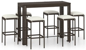Set da bar da giardino 7 pz con cuscini in polyrattan marrone