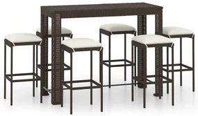 Set da bar da giardino 7 pz con cuscini in polyrattan marrone
