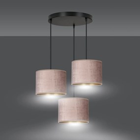 Lampadario Tondo 3 Luci Ganesha In Acciaio Nero E Paralumi In Tessuto Rosa