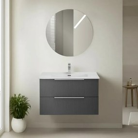 Mobile bagno sospeso 80 cm grigio cannettato e profili neri con lavabo e specchio tondo Zena