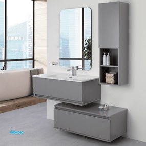 Composizione Bagno Sospesa Sfalsata 90 Cm Due Cassetti Specchio "Pastello" Grigio Medio