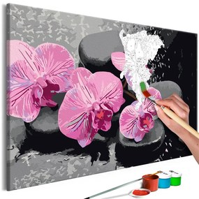 Quadro fai da te  Orchidea e sassi zen (sfondo nero)  Colore Rosa, Dimensioni e Misure 60x40