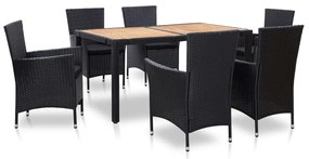 Set da pranzo da giardino 7 pz con cuscini in polyrattan nero