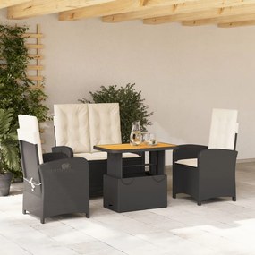 Set da pranzo da giardino 4 pz con cuscini nero in polyrattan