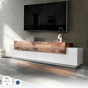 Mobile Porta TV 200 Cm Con 3 Ante A Ribalta Bianco Lucido E Legno Pero Corona