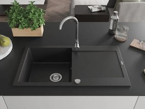 Mexen Leo lavello in granito 1 vasca con gocciolatoio 900 x 500 mm, nero, sifone cromato - 6501901010-77