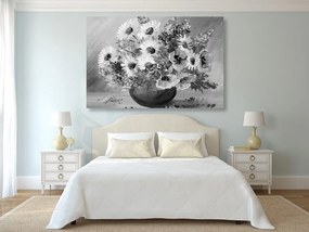 Stampa su tela – Dipinto a olio di fiori estivi in bianco e nero