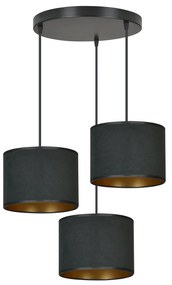 Lampadario Tondo 3 Luci Ganesha In Acciaio Nero E Paralumi In Tessuto Nero