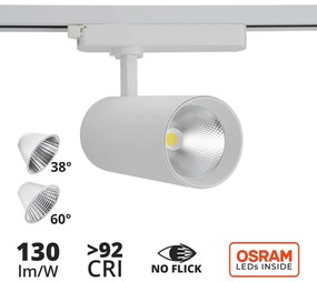 Faro LED 40W, Monofase, 38°/60°, 130LM/W, CRI92, no Flickering Colore Bianco Freddo 6.000K