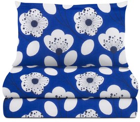 Completo letto singolo blu fiori bianchi