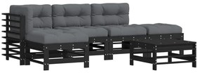 Set divani da giardino 6 pz con cuscini in legno massello nero