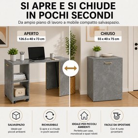 Mobile con Tavolo a Scomparsa Richiudibile Salvaspazio Scrivania con Libreria Grigio...