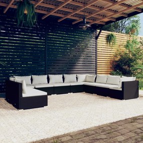 Set salotto da giardino 10pz con cuscini in polyrattan nero