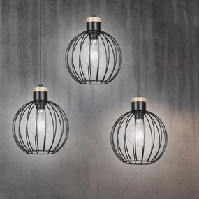 Lampadario 3 Luci Barbado Paralumi A Gabbia In Acciaio Nero E Legno Naturale