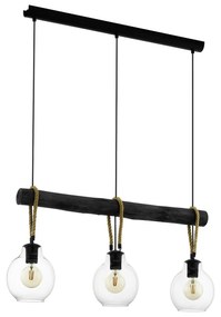 Lampadario A Sospensione Vintage Roding Acciaio Nero Vetro 3 Luci E27