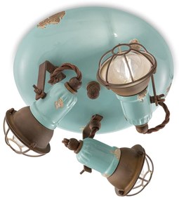 Plafoniera Vintage Loft Ferro E Ceramica Con Rete Azzurro 3 Luci E14