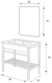 Mobile Bagno con Lavabo in Ceramica, Specchio e Sifone, Vano Portaoggetti, in Acciaio - 80 cm Nero