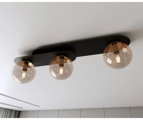 Plafoniera Minimal 3 Luci Teia In Acciaio Nero E Sfere Vetro Ambra