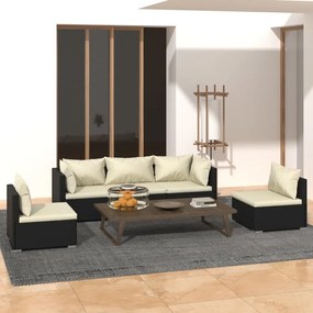 Set salotto da giardino 5 pz con cuscini in polyrattan nero