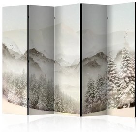 Paravento separè Conca innevata II (5 pezzi) - paesaggio invernale di montagne e alberi