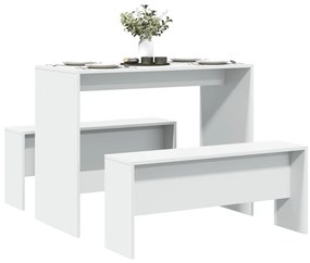 Set Tavolo Da Pranzo Con Panche 3 Pz Bianco İn Truciolato /