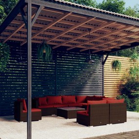 Set Divani da Giardino 10 pz con Cuscini in Polyrattan Marrone