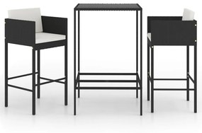 Set bar da giardino 3 pz con cuscini polyrattan nero