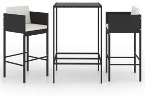 Set bar da giardino 3 pz con cuscini polyrattan nero