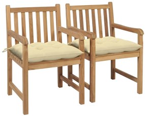 Sedie da giardino 2 pz con cuscini bianco crema legno di teak