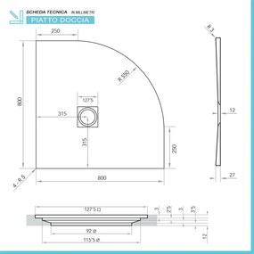 Piatto doccia semicircolare 80x80 bianco riducibile su misura Ten
