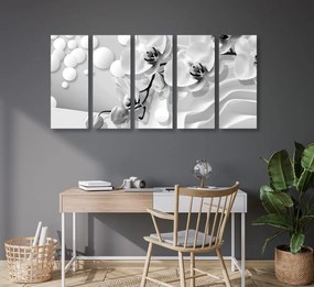 Quadri 5 pezzi – Orchidea in bianco e nero su sfondo astratto