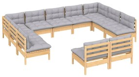 Set divani da giardino 11 pz con cuscini grigi massello di pino
