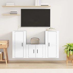 Set mobili porta tv 3 pz bianco lucido in legno multistrato