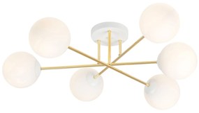 Plafoniera Moderna Magnium 6 Luci In Acciao Oro E Sfere In Vetro Bianco