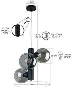 Lampadario a sospensione con filo TUBE 3xE27/60W/230V nero/fumé nero