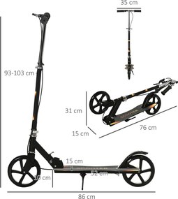 Monopattino per Bambini 86x35x93/98/103 cm Manubrio 3 Altezze in Metallo Nero...