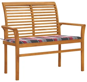 Panca da giardino con cuscino rosso a quadri 112 cm legno teak