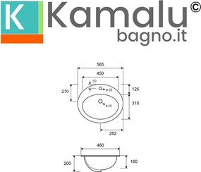 Lavabo da incasso soprapiano 56.5cm ceramica bianca | Litos-655 - KAMALU