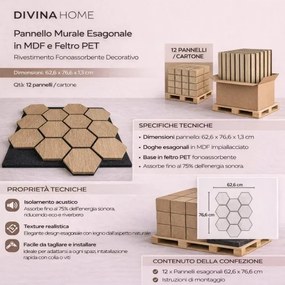 Pannello decorativo in legno MDF motivo esagonale e feltro PET Set 12 pz 62x76 fonoassorbente Rovere