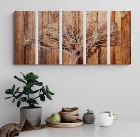 Quadri 5 pezzi – Albero su sfondo di legno