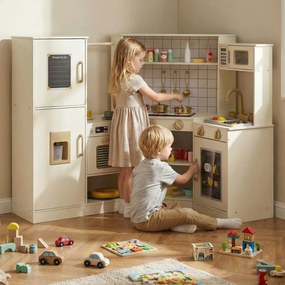 Costway Cucina gioco bambini angolare distributore ghiaccio fornelli forno microonde, Cucina lavastoviglie rubinetto accessori ricchi legno 3+ anni