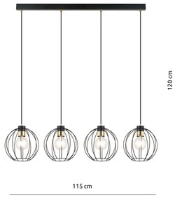 Sospensione Industrial 4 Luci Polluce In Acciaio Nero A Paralumi Gabbia Con Oro