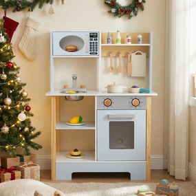Costway Cucina gioco legno lavagna microonde fornello scolapiatti rubinetto, Cucina lavello finzione accessori bambini 3 anni Blu