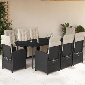 Set da pranzo da giardino 9 pz con cuscini nero in polyrattan