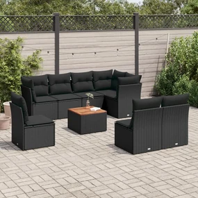 Set divani da giardino 9 pz con cuscini nero in polyrattan